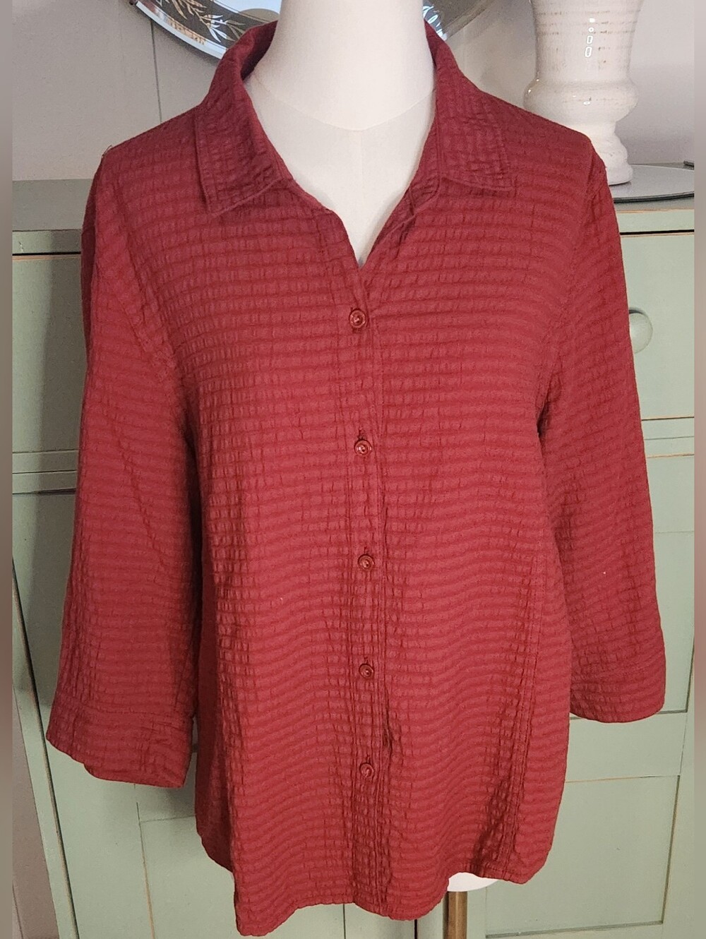 Focus Casual Life Button-Up Terracotta-rust Colored 3/4 Sleeve Top, 100% Cotton